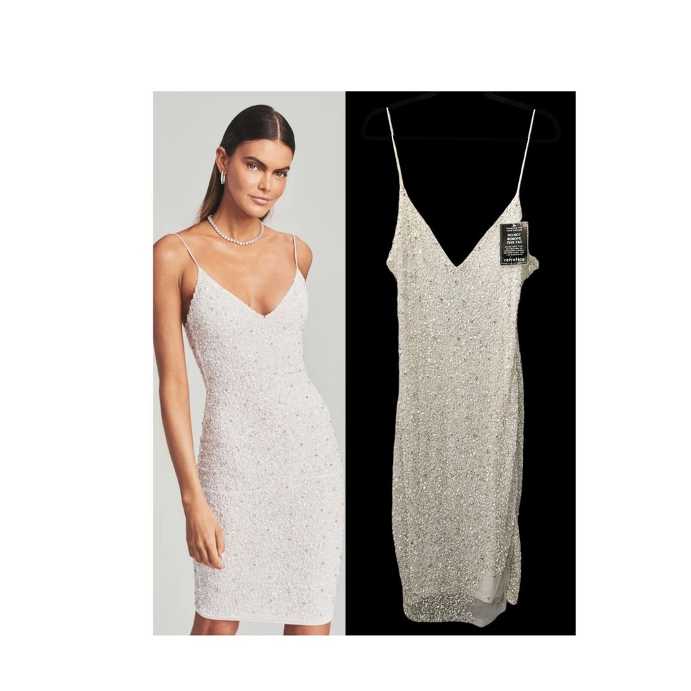 Retrofete Dress Size M Billie Sequin White Midi Length Spaghetti Strap $595 NWT